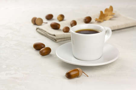 Acorn coffee in a white cup. Healthy no caffeine beverage