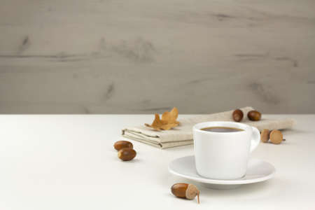 Acorn coffee in a white cup. Healthy no caffeine beverage