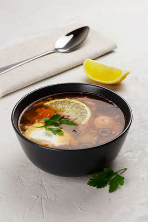Traditional russian meat soup Solyanka in a bowlの写真素材