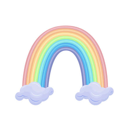 Bright rainbow on clouds in cartoon style of red orange yellow green blue blue purple color. Vector illustration isolated on a white background.のイラスト素材