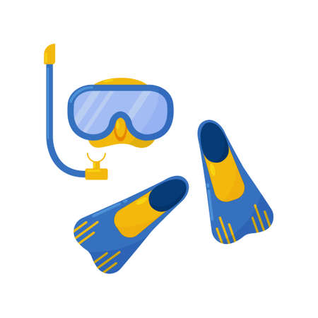 Bright summer set fins mask and breathing tube for diving and spearfishing. Scuba diver s kit for swimming diving underwater. Snorkeling Vector illustration isolated on a white background.のイラスト素材