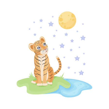 Cute bright children s illustration. Baby tiger cub sits on the grass near the pond and dreamily looks at the sky with the moon and stars. Children s print illustration. Vector image.のイラスト素材