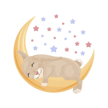 Bright Cute children s illustration with the image of a cute bunny sleeping on the moon surrounded by colored stars. Children s print illustration. A hare on a crescent moon.Vector illustration.のイラスト素材