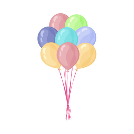A bright festive illustration featuring balloons in red, blue, yellow, purple and green tied to a pink ribbon. Colorful holiday balloons. Vector illustration isolated on a white background.のイラスト素材
