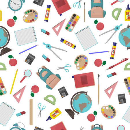 School seamless pattern consisting of school stationery such as a backpack, notebook, globe, compass, calculator, eraser and also paints, glue, ruler, eraser and alarm clock.Vector illustrationのイラスト素材