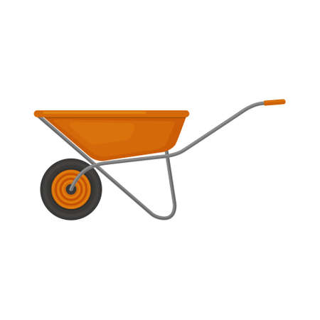 An image of an orange garden wheelbarrow, for working in the garden. Construction wheelbarrow for cargo transportation. Vector illustration isolated on a white background.のイラスト素材