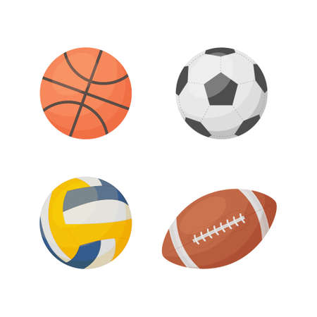 A bright sports set with the image of balls for playing volleyball, basketball, football, American football. Balls for game sports. Vector illustration isolated on a white background.のイラスト素材
