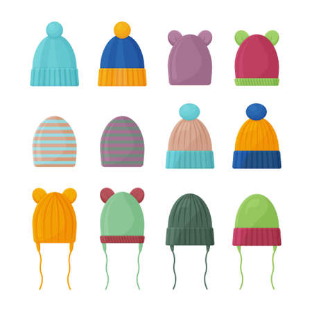 A large set with the image of warm children s knitted hats of various colors and shapes. Insulated hats for walking in cold autumn weather. A warm accessory for cold weather. Vector illustrationのイラスト素材