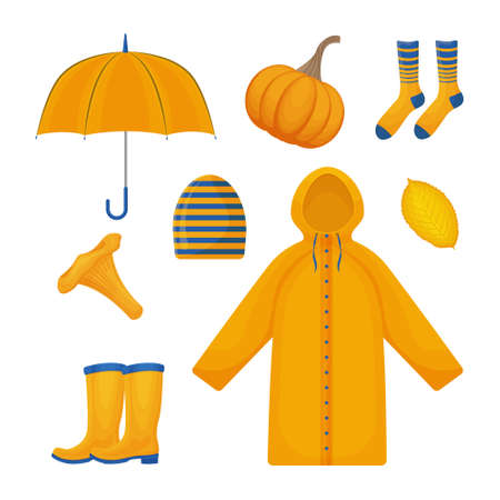 A bright large set consisting of autumn accessories, such as an umbrella,raincoat,warm socks,rubber boots,pumpkin,autumn yellow leaf and also a mushroom. Autumn symbols. Vector illustrationのイラスト素材