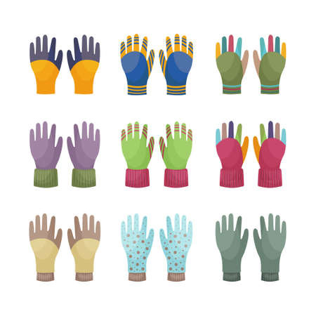 A large set with warm autumn knitted gloves of different colors. Bright gloves to protect your hands from the cold, for walking in autumn and winter weather. Vector illustration on a white background.のイラスト素材