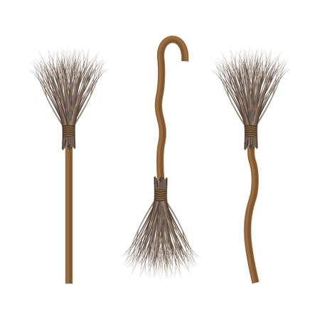 A set consisting of witch brooms of various shapes. A vehicle of evil spirits. The witch s broom is a Halloween symbol, a vector illustration isolated on a white background.のイラスト素材