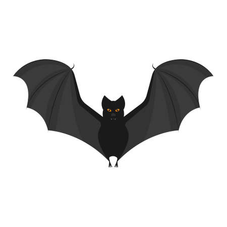 An image of a black bat with fangs and bright orange eyes. A bat with open wings. A blood-sucking flying animal. A Halloween symbol. Vector illustration isolated on a white background.のイラスト素材