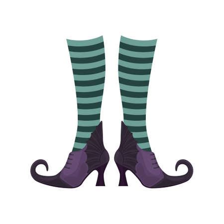 Witch boots of lilac color with pointed noses in striped socks. The witch s shoes, a symbol of Halloween. Vector illustration isolated on a white backgroundのイラスト素材