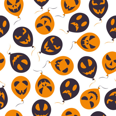 Seamless pattern with the image of orange and black balloons, with various grimaces, as a symbol of Halloween. Balloons with the image of Jack the lantern. A pattern on the theme of Halloween. Vectorのイラスト素材