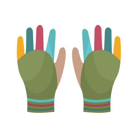 Bright warm multicolored gloves. Gloves to protect your hands in cold weather. Gloves for gardening. A means of protecting hands. Vector illustration isolated on a white backgroundのイラスト素材