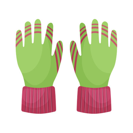 Bright warm multicolored gloves. Gloves to protect your hands in cold weather. Gardening gloves. A means of protecting hands. Vector illustration isolated on a white background.のイラスト素材