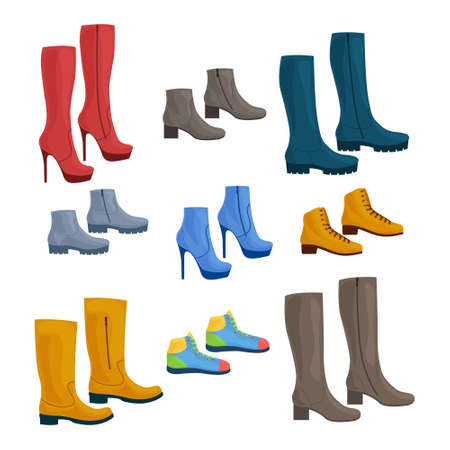 Footwear.A large set consisting of various shoes, such as sneakers, classic shoes, high boots, stiletto boots and also High-heeled boots. Vector illustration.のイラスト素材