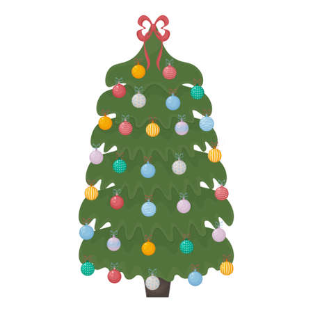 A Christmas tree. A bright Christmas tree decorated with festive toys, a garland and a red bow on the top of the head. Vector illustration of a Christmas pine tree isolated on a white background.のイラスト素材