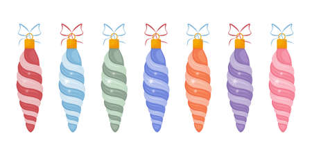 Set of toys-icicles of different colors, for a Christmas tree. A festive New Year s toy. A New Year s accessory. Isolated vector illustrations.のイラスト素材