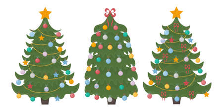 Christmas trees. A set of three Christmas trees decorated with festive toys, garlands and a golden star on the top and also bows. Vector illustration of a Christmas pine tree isolated.のイラスト素材