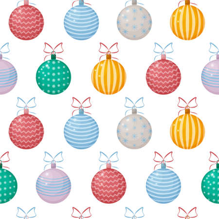 Bright New Year seamless pattern in cartoon style with the image of colorful Christmas toys, in the form of balls. New Year s pattern for printing. Christmas toys for packaging. Vector illustration.のイラスト素材