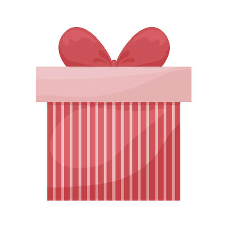 Bright gift box. Festive pink gift box decorated with red stripes and a bright red bow. Gift box, vector illustration isolated on a white background.のイラスト素材