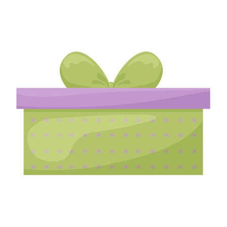 Bright Christmas gift box for gifts for Christmas, New Year, birthday, Valentine s day and other holidays.A festive gift box of green color with a purple lid and a beautiful bow. Gift box, vector.のイラスト素材