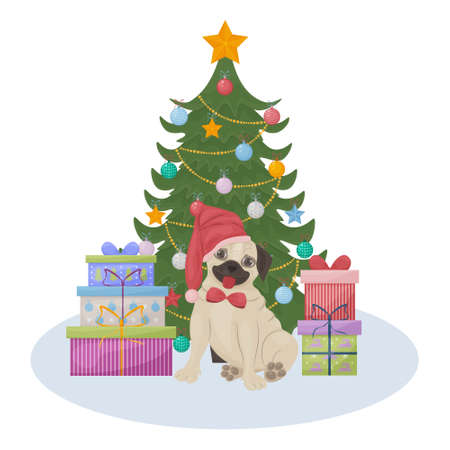 Cute Christmas illustration depicting a Christmas tree with gifts and a cute pug sitting surrounded by gifts. Children s New Year s illustration. Holiday card, vector illustration.のイラスト素材