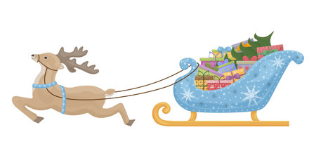 Cute Christmas illustration depicting Santa s reindeer harnessed to a sleigh with gifts and a Christmas tree. Blue Santa Claus sleigh decorated with snowflakes. Greeting card, vector illustration.のイラスト素材