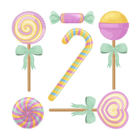 A bright set consisting of colorful candies and candies. Juicy lollipops of various shapes and sizes. Christmas sweets. Holiday candies. Vector illustrationのイラスト素材