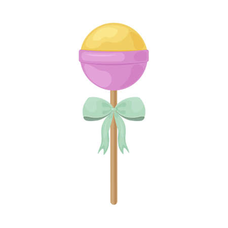 Bright round lollipop. Round sweet lollipop with a green bow. New Year s candies. Sweets for Valentine s Day. Vector illustration isolated on a white backgroundのイラスト素材