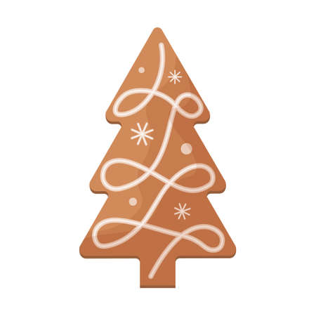 Cute gingerbread decorated with icing Christmas gingerbread in the shape of a Christmas tree. Festive pastries, pine. Christmas cookies in the shape of a fir tree. Isolated vector illustration.のイラスト素材