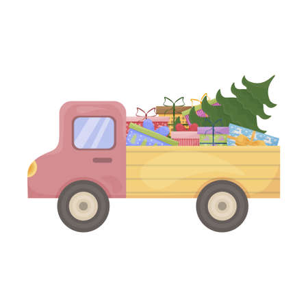 Cute children s Christmas illustration with a picture of a truck with gifts and a Christmas tree. Children s New Year vector illustration.のイラスト素材