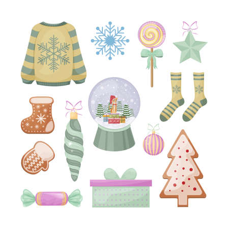 A large Christmas set with festive items such as a gift, a snow globe, a gingerbread, as well as a Christmas tree toy and a lollipop. Collection of Christmas items. Symbols of the new year. Vectorのイラスト素材