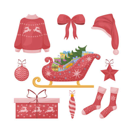 A bright Christmas set with the image of Santa Claus s sleigh, with gifts and also a hat, socks, a red bow, a sweater and a gift box. Collection of Christmas items. Vector illustrationのイラスト素材