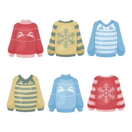 A set of warm ugly sweaters with Christmas drawings. Winter jumpers in different colors, with the image of snowflakes and deer. Warm clothes for cold weather. Vector illustration in cartoon styleのイラスト素材