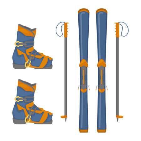 A winter sports kit featuring downhill skis, ski boots and ski poles. Sports equipment for competitions and outdoor activities. Vector illustration isolated on a white background.のイラスト素材