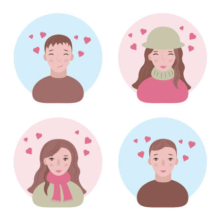 Faces of young people in love. Avatars of happy men and women in love. Portraits of smiling people for Valentine s Day. Funny faces with hearts over their heads. Vector illustration in cartoon style.のイラスト素材