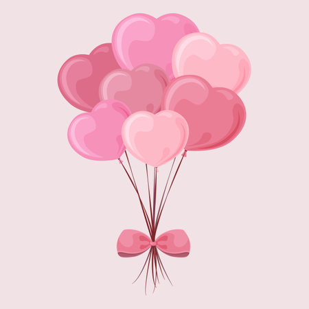 Balloons in the shape of a heart. Cute bright vector illustration for Valentine s Day with the image of balloons in the shape of hearts, pink with a bow tied to it. Balls with a bow. Vector.のイラスト素材