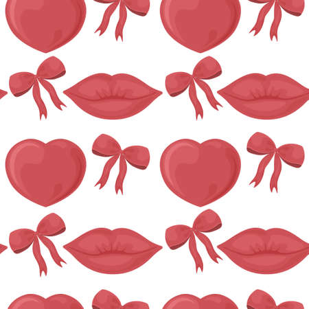 Bright seamless pattern with the image of lips, hearts and bows. A sexy pattern for Valentine s day. Festive pattern for print and packaging. Vector illustration.のイラスト素材