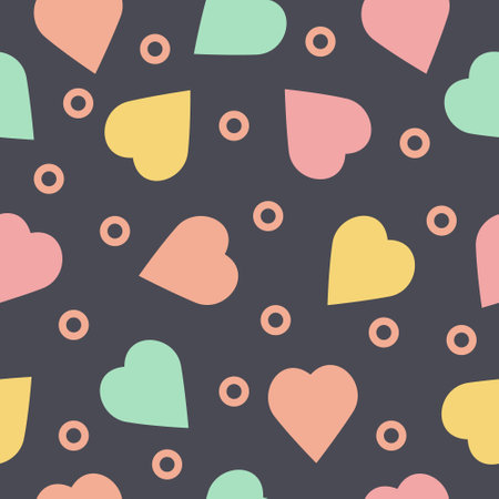 Bright seamless pattern with the image of hearts of different colors in a flat style on a dark background. Pattern for Valentine s Day. Valentine Day. Illustration for print and gift wrapping.のイラスト素材