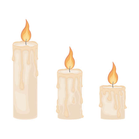An illustration depicting three romantic burning candles. Wax candles of different sizes. Three candle flames, vector illustration isolated on a white background.のイラスト素材