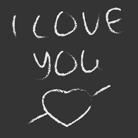 Chalk inscription on the blackboard I love you. A declaration of love and an arrow-pierced heart. White chalk inscription on a dark surface. Vector illustration.のイラスト素材