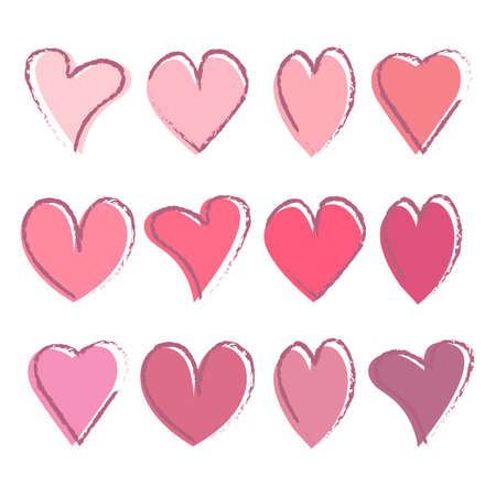 A large bright set with the image of hearts drawn by hand, of different shapes and shades. Collection of hearts for Valentine s Day. Vector illustration isolated on a white background.のイラスト素材
