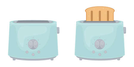Illustration with the image of blue toasters. Toaster with toast and empty. An electric kitchen appliance designed for roasting thin slices of bread. Vector illustration isolated on a white background.のイラスト素材