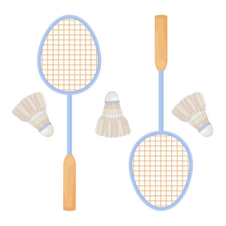 Badminton rackets. A set featuring badminton rackets and shuttlecocks. Sports accessories for game sports. Vector illustration isolated on a white backgroundのイラスト素材