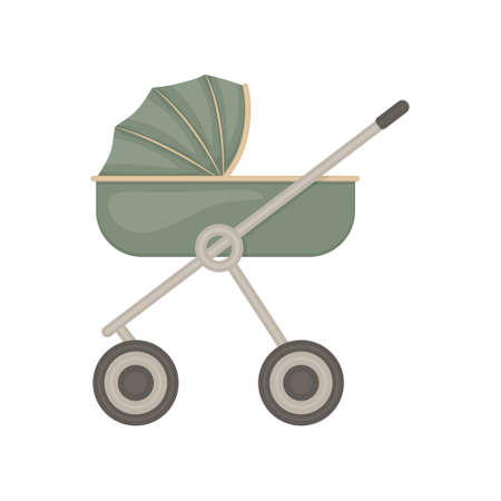 A cartoon-style baby stroller. Green stroller for transporting babies. Vector illustration isolated...