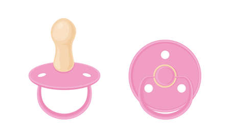 Baby pacifier nipples are pink. Baby nipples, side view and bottom view. Vector illustration...