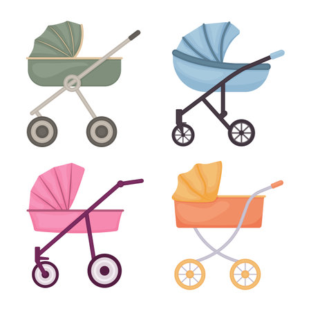 Baby strollers. A set of baby strollers. Strollers for newborns of different colors. Vintage strollers. Vector illustration isolated on a white background.のイラスト素材