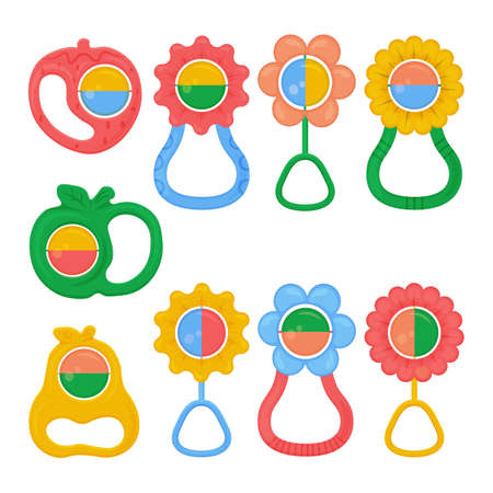 A set of colored baby rattles of various shapes. A large collection of teether rattles. Children s accessories vector illustration.のイラスト素材